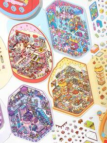 3张2.5D风景贴纸，小角落系列第3辑，3D迷你房屋DIY场景贴纸，适用于学生日记装饰、剪贴簿用品、趣味贴纸、笔记本电脑贴纸、Kindle手机贴纸 - 彩色 - 查看 2