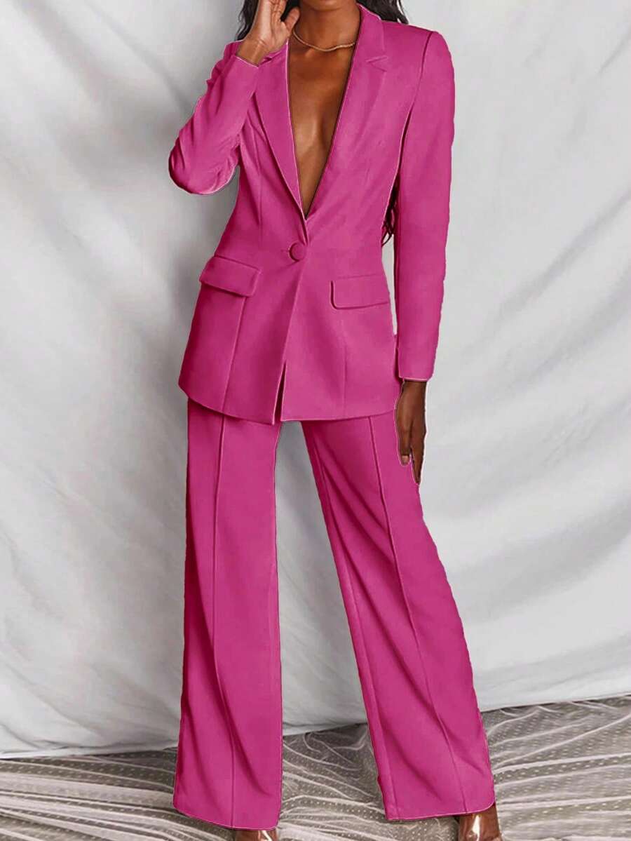 Set de sacou și pantaloni pentru femei, culoare solidă, cu rever, mânecă lungă și un nasture, costum casual de primăvară - Roz fierbinte - Vizualizare 1