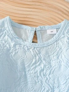 Young Girls' Summer Fashion Short Set, Pleated Textured, Round Neck & Ruffle Sleeve & Back Keyhole Button Design, Casual & Minimalist Girls Outfit - Blue - View 4