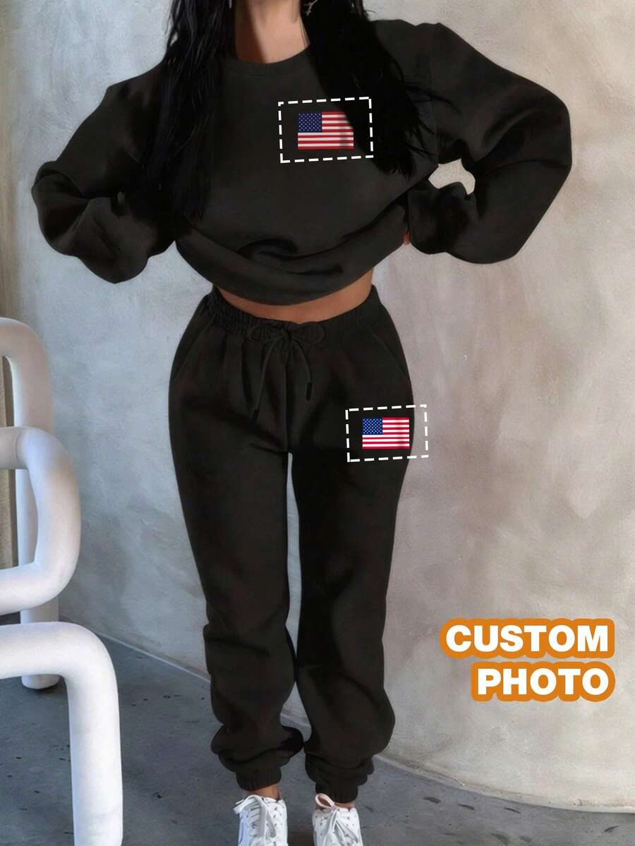 Customize Personalized Gifts With Unique Design, Add Your Own Text And Images (Badge Pattern/Company Logo/Family Photo/Selfie/Pet), Personalized Sweatshirt And Sweatpants Two Pieces Set - Black - View 1
