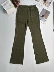 女士Y2K喇叭牛仔裤，带口袋，绿色，秋季款 - 軍綠色 - 查看 6
