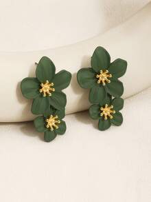 1 Pair Metal Asymmetrical Colorful Multi-Layer Flower Stud Earrings, Date Gift Valentine's Day Accessories - Orange - View 7