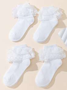 6 Pairs Girls White Double Lace Trim Princess Dancing Socks, Breathable Mesh Net Ankle Socks