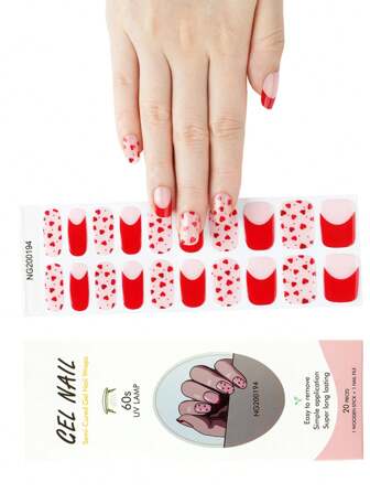 1 Box Natural UV Gel Nail Stickers, Lasting Classic Red Heart Design, Semi-Cured, 20pcs Finger Nail Gel Stickers, Easy To Wear And Remove