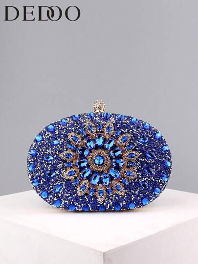 Dedoo Ny oval aftonväska, väskans kropp är täckt med glittrande strass, fördelad i ett mönster som liknar solrosor, och parad med en guldkedja. Den kan hållas i handen, bäras på ena axeln eller crossbody. Den har en lätt och lyxig modell och är lämplig för användning med formella aftonklänningar på fester, bröllop och andra formella middagstillfällen.