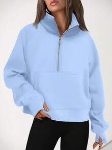 Womens Sweatshirts Half Zip Cropped Sweater Fleece Quarter Zipper Hoodies 2025 Fashion Outfits Clothes - Lightblue - 查看 6