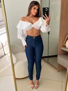 Calça Jeans Feminina Skinny Escura Lisa Premium Estilosa Moda Tradicional - Lavagem escura - Visão 3
