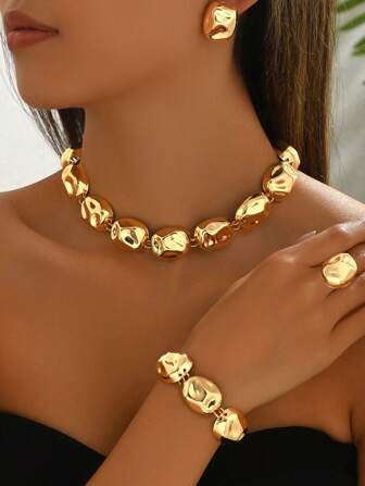 5pcs Elegant Creative Geometric Hammered Necklace, Bracelet, Ring, Earrings Jewelry Set For Women, Suitable For Daily, Party, Gathering, Featuring Substantial Jewelry Design, Versatile