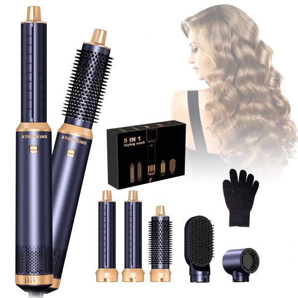 Secador de cabelo 5 em 1 com íons negativos, modelador de cachos, escova alisadora, escova de secagem, conjunto de ferramentas multifuncionais para modelagem de cabelo para uso doméstico