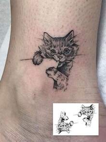 1 件临时纹身贴纸，7-14 天草本持久纹身贴纸，深色风格猫抽象极简主义设计适用于手臂，防水防汗，适合男女 - 黑色 - 查看 1