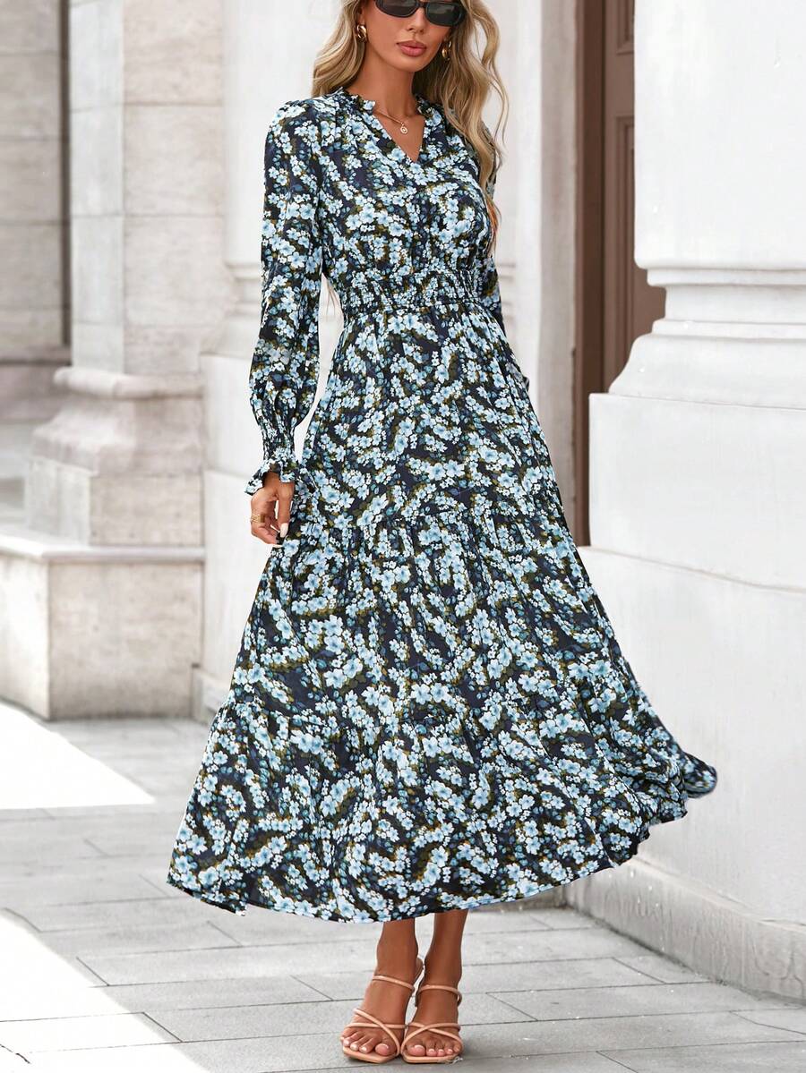 Women's Spring And Fall Clothes Floral Maxi Dress Fall Long Sleeve V Neck Casual A Line Long Flowy Boho Party Valentine Vacation Dresses