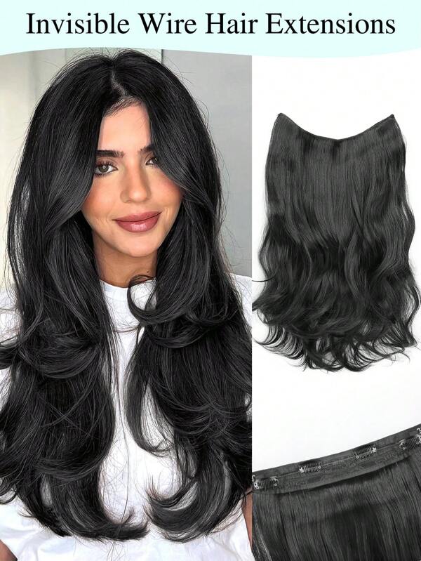 Invisible Wire Hair Extensions With Transparent Wire Adjustable Long Straight Layered Wavy Synthetic 4 Secure Clips Hairpiece For Women And Girls Daily Use