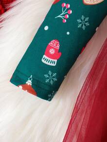 Baby Girls Christmas Ruffle Snowman Snowflake Socks Print Mesh Patchwork Dress With Belt - Burgundy - View 8