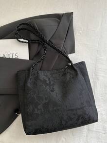 1pc Women's Fashion Commuter Large Capacity Printed Tote Bag, Suitable For Beach, Travel, Minimalist, Lightweight, Unique Woven Strap, Elegant Ribbon, Foldable - Black - View 8
