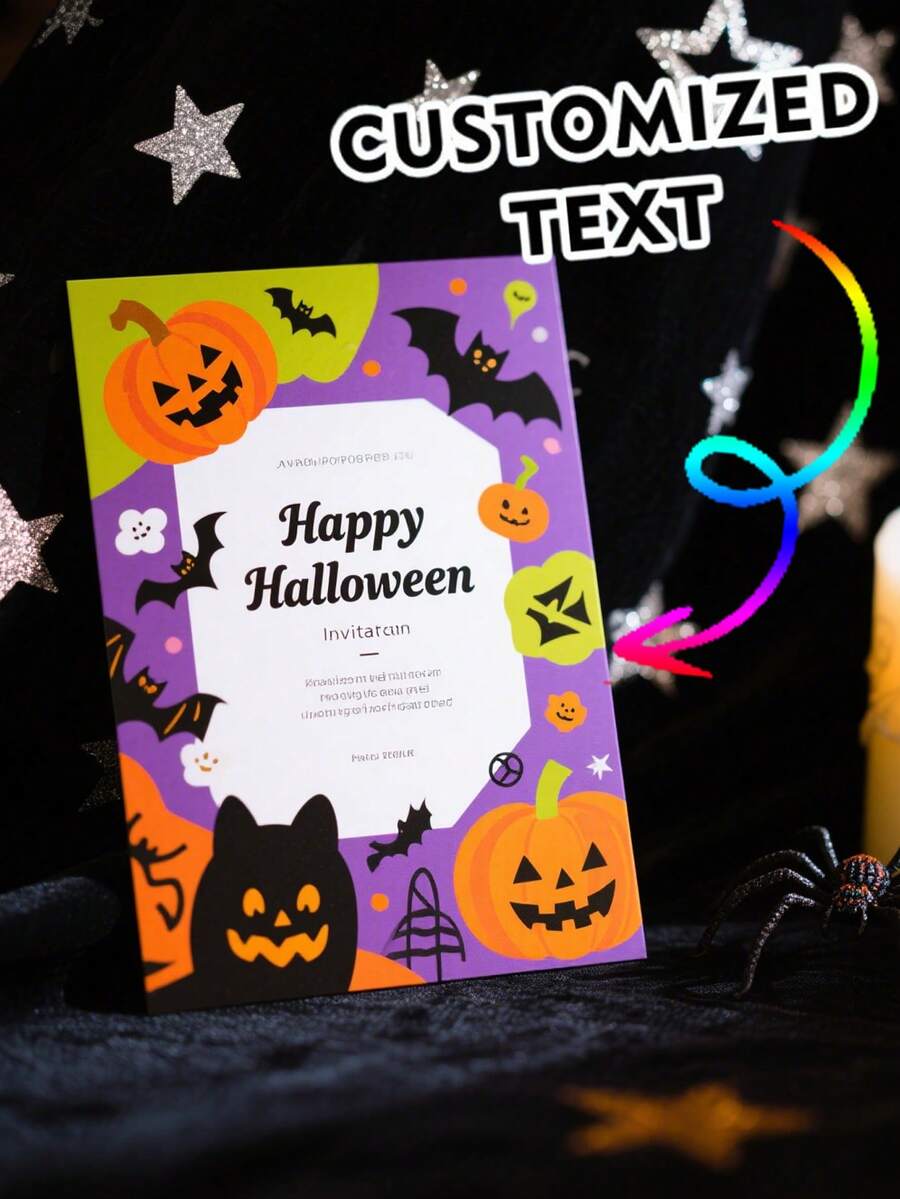 个性化花卉万圣节贺卡、手写节日派对邀请卡、留言卡、礼品装饰卡、创意鬼魂卡通邀请卡、主题派对用品、适合定制万圣节派对邀请卡、可定制任何场合邀请卡、无信封、用于学校用品、返校