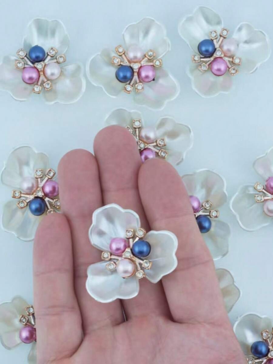 10/5pcs Faux Pearl & Rhinestone Flower Decor Buttons, DIY Craft Decorative Accessories For Dress, Hat