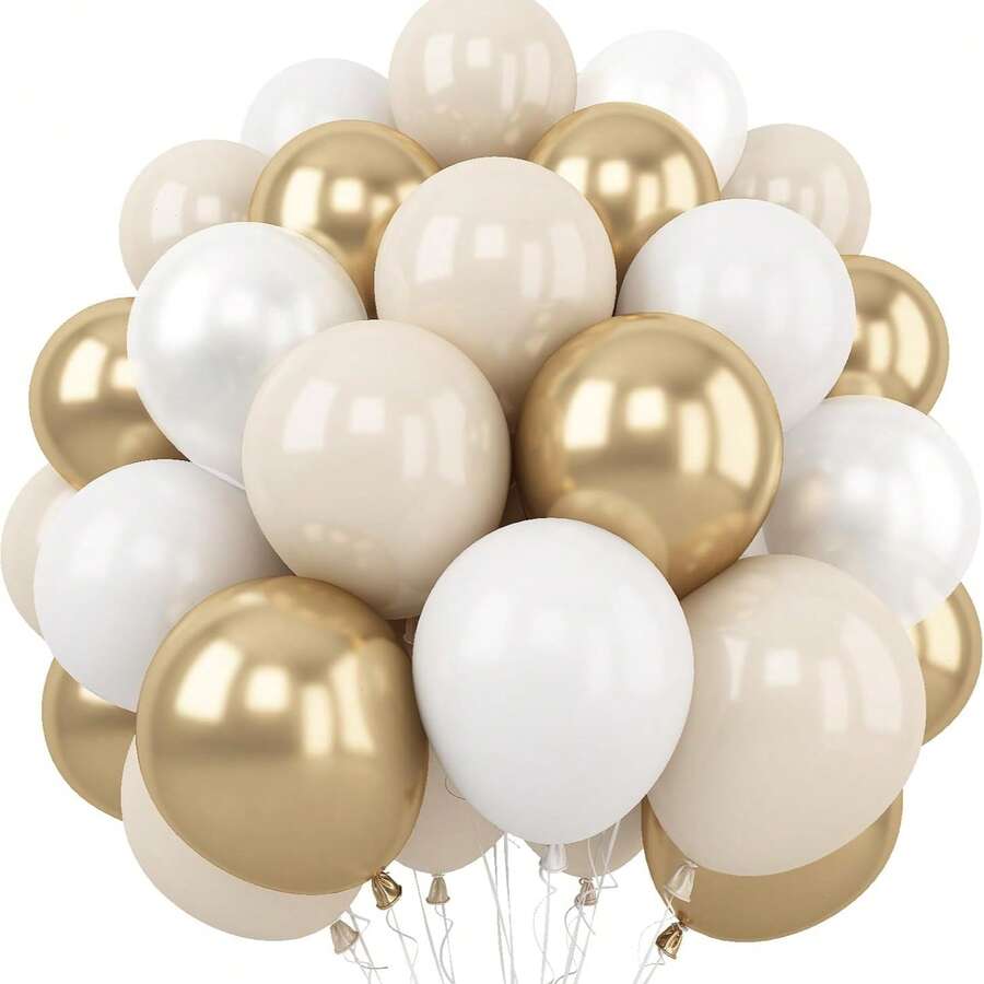 10 pulgadas Globos de látex blancos y dorados metálicos, globos de fiesta de oro champán, adecuados para decoración de cumpleaños bohemio, baby shower, compromiso, aniversario de boda - Multicolor - Ver 1