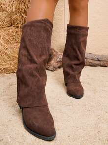 Fall/Winter 2025 Women's Fashion New Knee-High Boots, Stylish Pointed Toe Comfortable Thick Heel Brown Knee-High Boots, Fashionable Women's Western Cuff Boots, Multi-Function British Casual High Heel Riding Boots - Brown - View 4