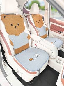 1pc Car Seat Cover, Cute Bear Pattern, Linen Material, All Season Use, Breathable, Anti-Slip, Summer Rear Seat Cushion
