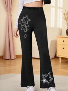 女童星形印花喇叭裤，休闲修身优雅长裤，饰有闪亮星形图案，喇叭裤腿设计，适合户外运动 - 黑色 - 查看 1