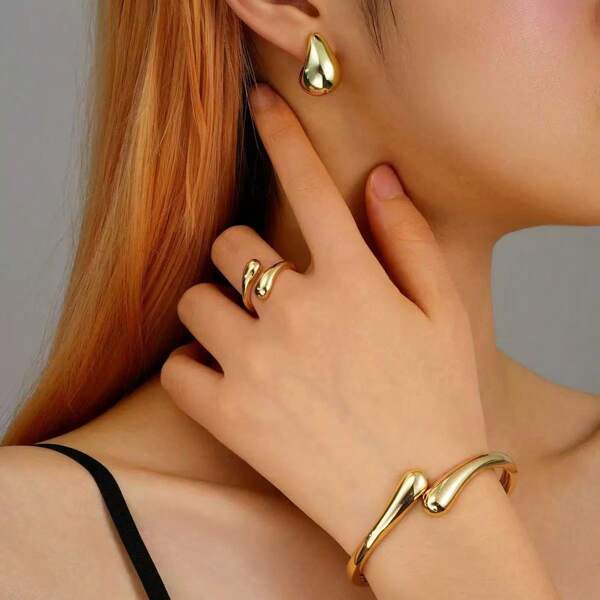 1 Set Mode Minimalistische Tränenform Geometrisches Schmuckset aus Edelstahl mit Armband, Ring, Ohrringen für Frauen