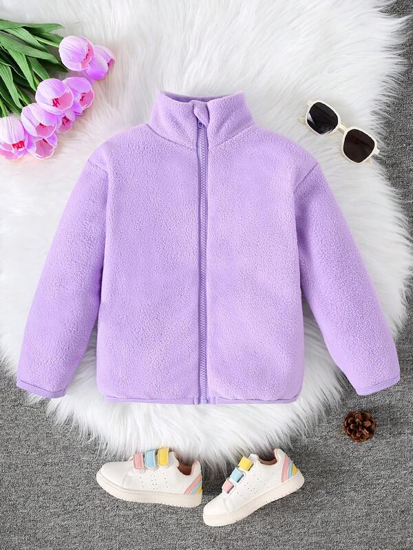 女童纯色抓绒外套，前拉链设计，带口袋，立领开衫，适合秋冬季日常穿着，保暖女童外套，幼儿女童外套，女童冬季外套，秋冬季