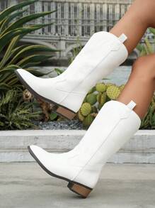 2025 秋冬新款女式刺绣皮革白色西部靴，尖头粗跟及膝靴，户外休闲时尚正装靴，牛仔靴 - 白色 - 查看 6