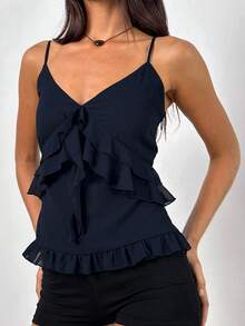 Women's Chiffon Ruffled Camisole Solid Color Spaghetti Strap V-Neck Slim Fit Crop Tank Tops Streetwear - Navy Blue - View 2