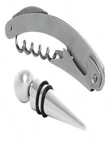 Wine Accessories Kit: 2-Piece Stainless Steel Wine Opener And Reusable Cork - Plateado - Ver 1
