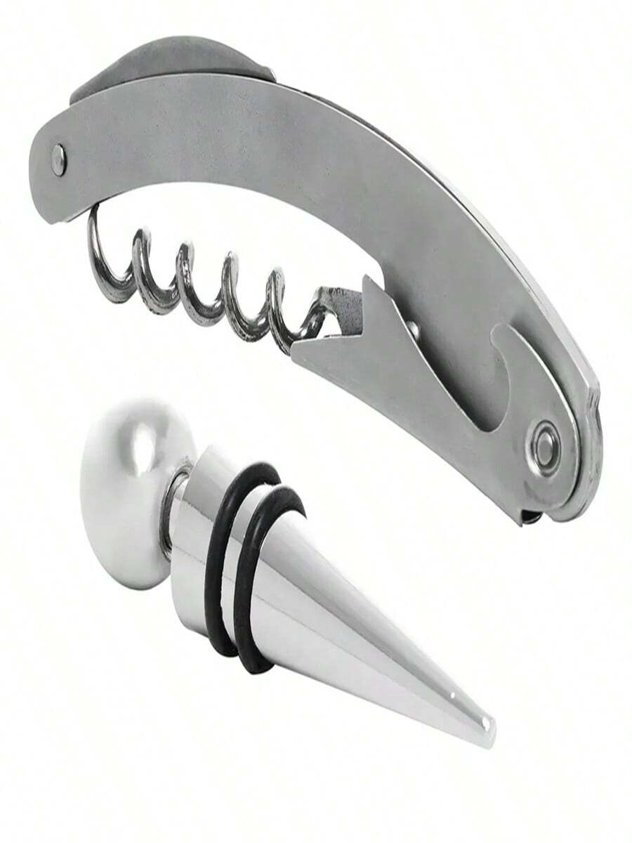 Wine Accessories Kit: 2-Piece Stainless Steel Wine Opener And Reusable Cork - Plateado - Ver 1