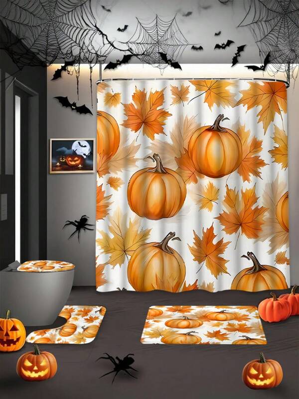 Pumpkin Themed 4pcs Bathroom Set: Shower Curtain, Non-Slip Rug, Toilet Lid Cover, Bath Mat - Waterproof Woven Polyester Material With 12 Hooks - Dry Clean Only, Fall Decor