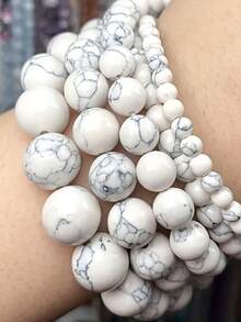 AAA级白色条纹石（4毫米/6毫米/8毫米）和抛光白色玉圆散珠（15英寸串），天然宝石珠，适用于珠宝制作 - 白色 - 查看 7