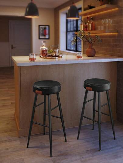 Collection - Bar Stools Set Of 2, Kitchen Counter Stools, Breakfast Stools, Synthetic Leather With Stitching, 76.2 Cm Tall, Home Bar Dining Room, Easy Assembly, Black