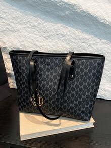 全印花单肩手提包，母亲节礼物，复古字母印花手提包，大容量单肩包，通勤必备腋下包 - 黑色 - 查看 2