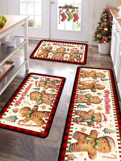 1 Stück 40cm x 60cm, 50cm x 80cm, 40cm x 120cm Fußmatte mit Weihnachtslebkuchenmann Motiv, amerikanischer rot-grün karierter Dekorationsstil, geeignet zum Platzieren an Haustür, Veranda oder Flur, um eine warme Weihnachtsatmosphäre zu schaffen, Weihnachtsdekoration für Zuhause.