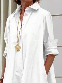 Solid Color Loose Fit Shirt Dress For Women Lapel Collar Long Sleeves Buttoned Midi Dress - 白色 - 查看 2