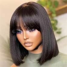 Elegant Short Bob Human Hair Wig With Bangs For Women, 200% Density, Glueless Straight Full Machine Made, Natural Black - Rose Net Cap, Comfortable & Stylish For Casual Attir - S1 - Xem 2
