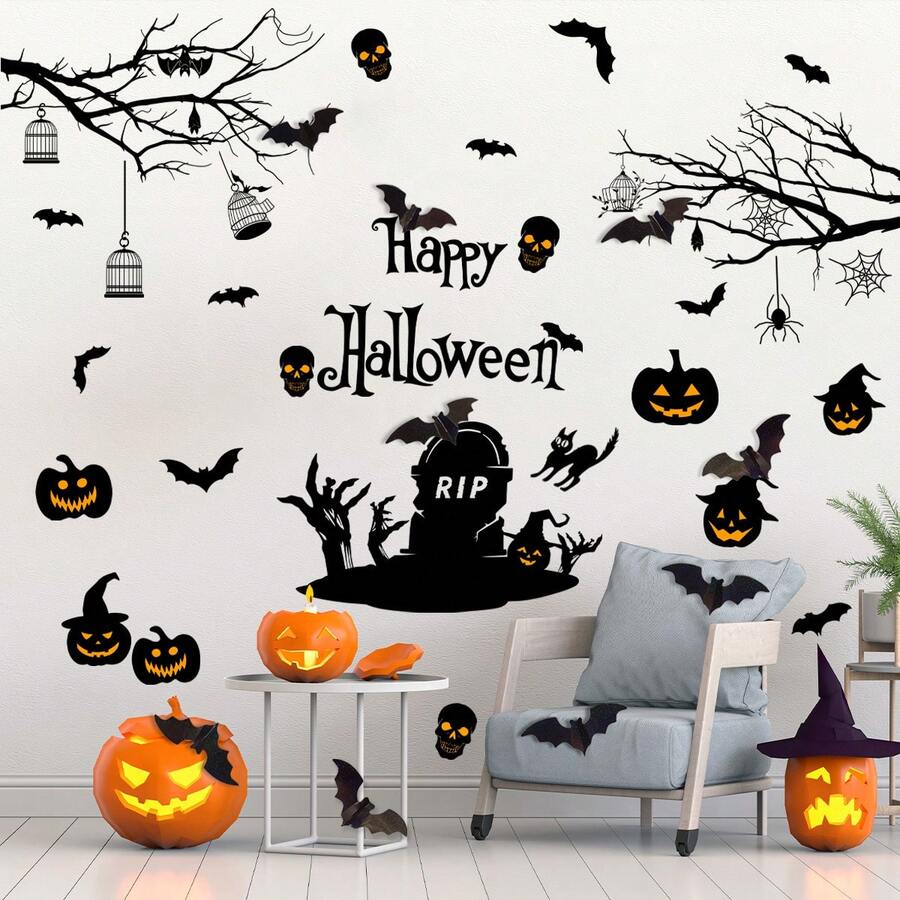 1pc Halloween Window Decor Paper, PVC Decal, Bathroom Sticker, Removable Home & Sink Wall Decoration, Party Supplies Pumpkin Ghost Bat Static Glass Window Sticker - Multicolor - View 1