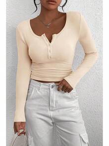 Women's 2025 Fall Long Sleeve Henley Shirts Button Ribbed Knit Casual Basic Tops Blouse - 米色 - 查看 7