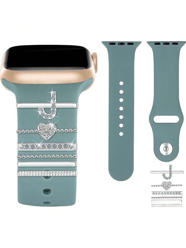 6 Pieces/Set Alloy Rhinestone Letters A-Z Suitable For Apple Watch Silicone Strap Decorative Ring Letter Heart Strap