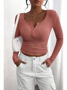 Women's 2026 Fall Long Sleeve Henley T Shirts Button Ribbed Knit Slim Fit Basic Tops Blouse Casual Outfits/Vacation Outfits Women/Valentine Outfits For Women - Màu hồng thạch nam - Xem 1