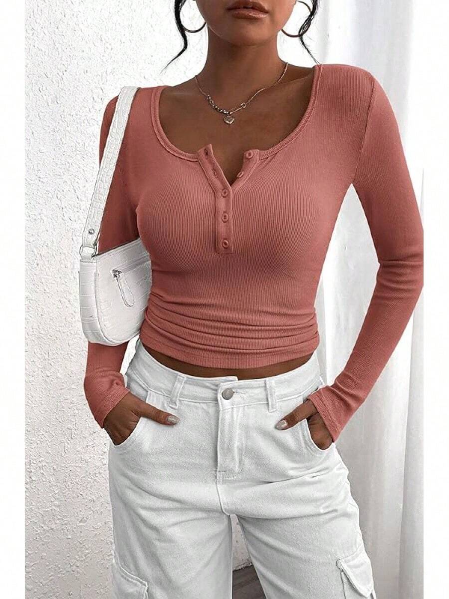 Women's 2026 Fall Long Sleeve Henley T Shirts Button Ribbed Knit Slim Fit Basic Tops Blouse Casual Outfits/Vacation Outfits Women/Valentine Outfits For Women - Màu hồng thạch nam - Xem 1