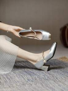 Square Toe Embroidered High Heel Pumps For Women, Chunky Heel, Versatile Slip-On Shoes - Light Grey - View 5