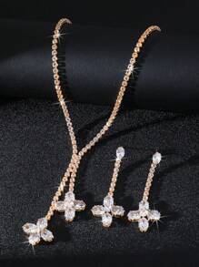 3pcs Sparkling Flower Cubic Zirconia Pendant Jewelry Set, Glamorous Party Evening Dress Accessories For Women