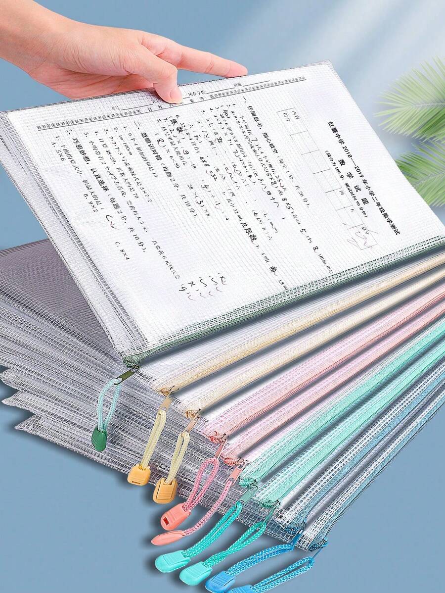 5pcs/Set Large Capacity Zipper Mesh Bags, Transparent Waterproof Storage Pouches, Multi-Functional Handheld Stationery Bag For Students, Versatile For Travel, Office Supplies And Home Organization, Fits A4/A5/A3 Documents