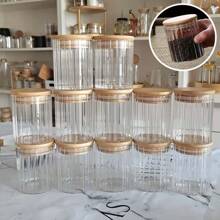 4-6件/套 - 180毫升，独特竖条纹迷你香料罐，超小茶叶罐，复古竖条纹储物罐，香料，各种调味品储物容器，带密封竹木盖，便携式透明食品罐，用于茶、咖啡豆、糖、糖果、饼干、香料、家庭厨房用品 - 無色 - 查看 1