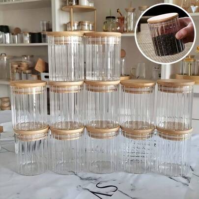 4-6pcs/Set - 180ml, Unique Vertical Stripe Mini Spice Jars, Super Small Tea Leaf Canisters, Retro Vertical Stripe Storage Jars, Spices, Various Seasoning Storage Containers With Sealed Bamboo Wooden Lids, Portable Transparent Food Canisters For Tea, Coffee Beans, Sugar, Candies, Cookies, Spices, Household Kitchen Items