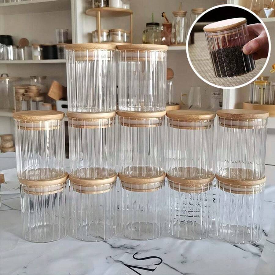 4-6件/套 - 180毫升，独特竖条纹迷你香料罐，超小茶叶罐，复古竖条纹储物罐，香料，各种调味品储物容器，带密封竹木盖，便携式透明食品罐，用于茶、咖啡豆、糖、糖果、饼干、香料、家庭厨房用品 - 無色 - 查看 1