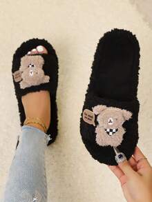 shensongni 可爱小熊元素毛绒拖鞋，轻便柔软鞋底，适合居家和卧室穿着，季节性拖鞋，露趾拖鞋，男女通用单只拖鞋 - 黑色 - 查看 6