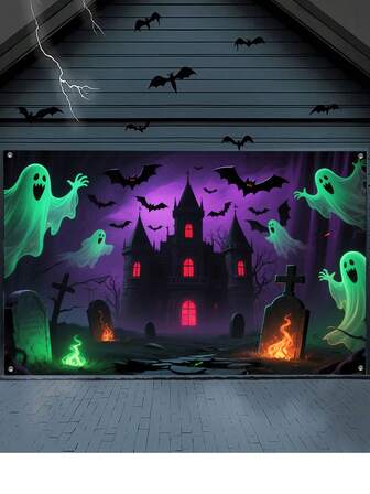 1 pieza Pancarta de Castillo Embrujado y Fantasmas de Halloween, Decoración de Fiesta de Terror, Telón de Fondo para Fotos, Escena Festiva al Aire Libre, Decoración para Puerta de Garaje